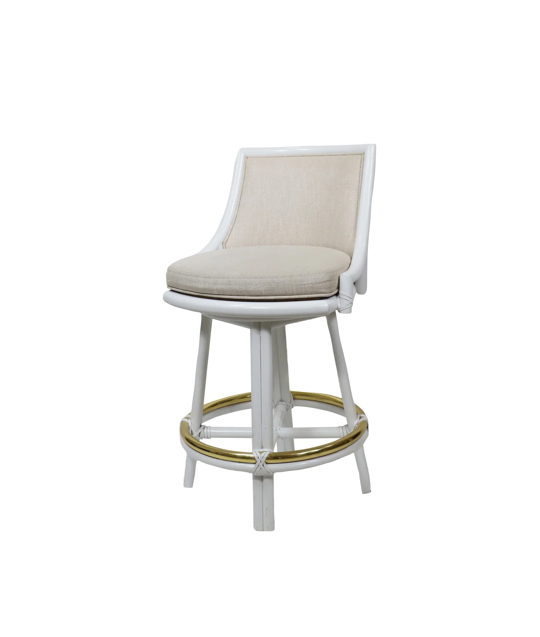 White Rattan Swivel Bar Stool with Natural Linen