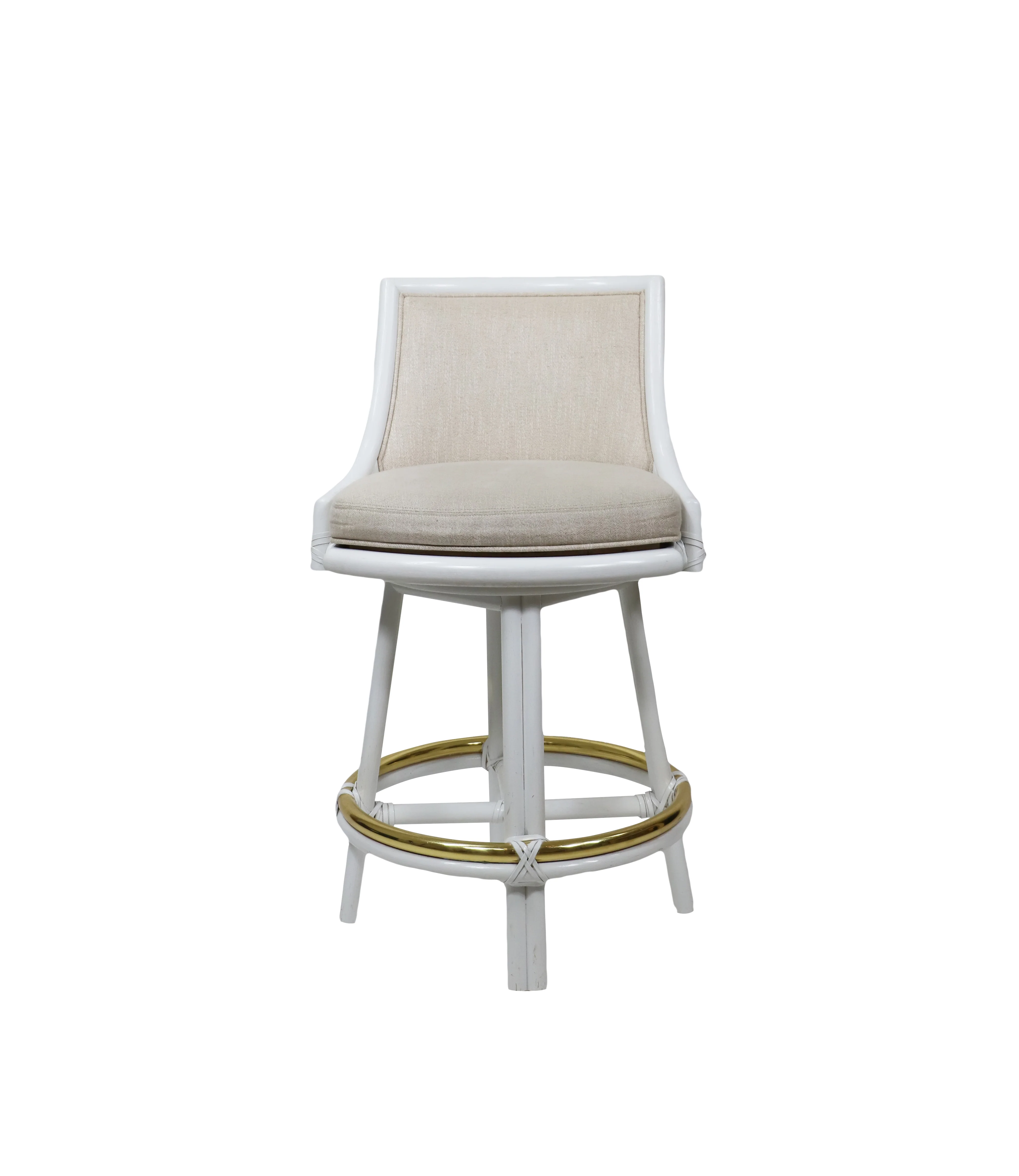White Rattan Swivel Bar Stool with Natural Linen - Image 2